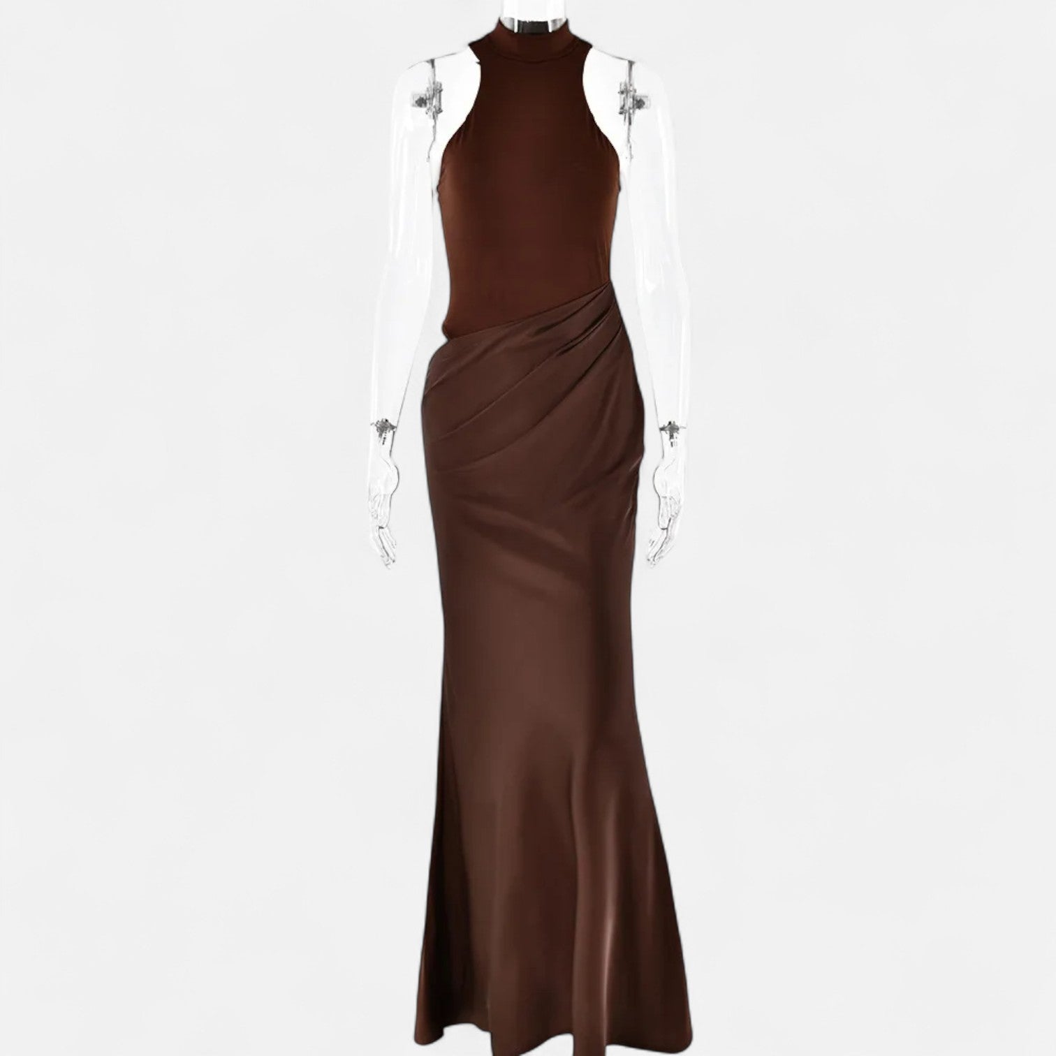 Vestido Maxi de Cetim com Recortes para Mulheres – Fluidez Sedosa e Silhueta Esculpida