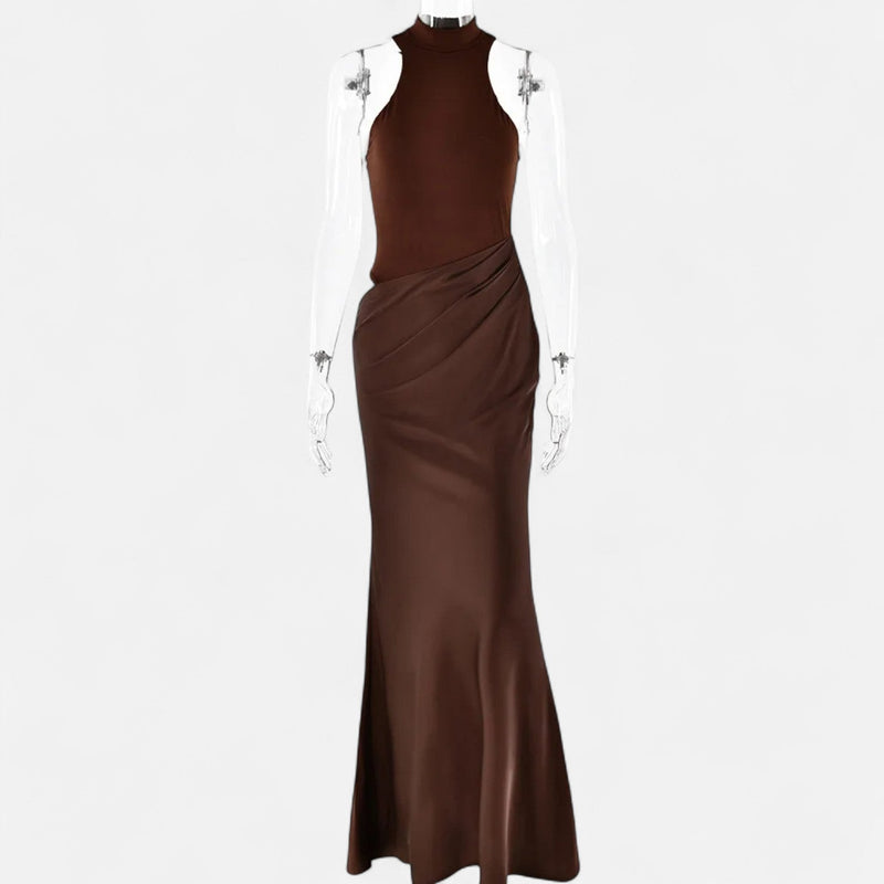 Vestido Maxi de Cetim com Recortes para Mulheres – Fluidez Sedosa e Silhueta Esculpida
