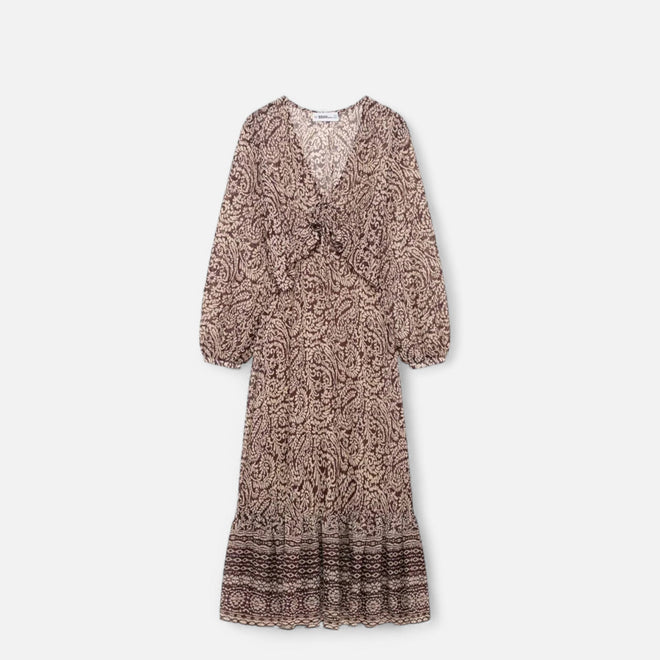 Vestido Midi Estampado Feminino – Elegância de Outono com Decote em V Bege