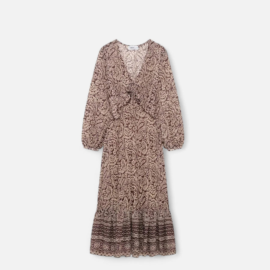 Vestido Midi Estampado Feminino – Elegância de Outono com Decote em V Bege