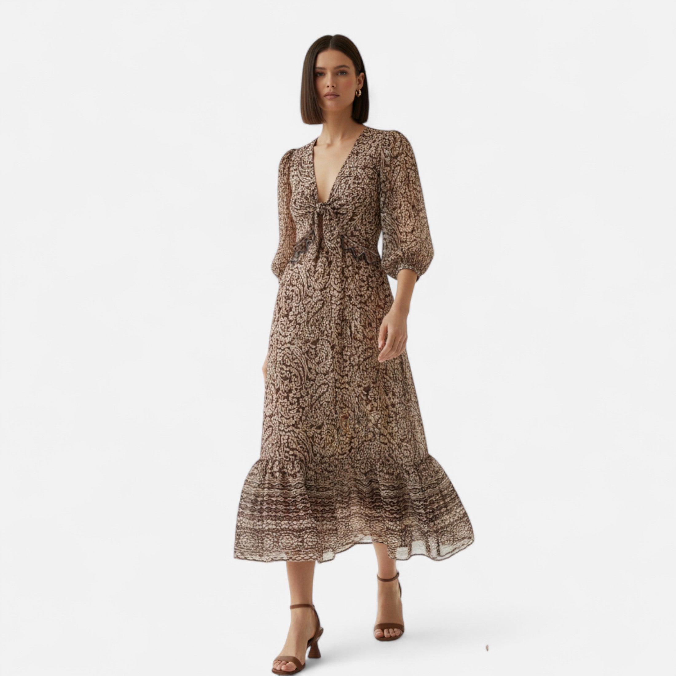 Vestido Midi Estampado Feminino – Elegância de Outono com Decote em V