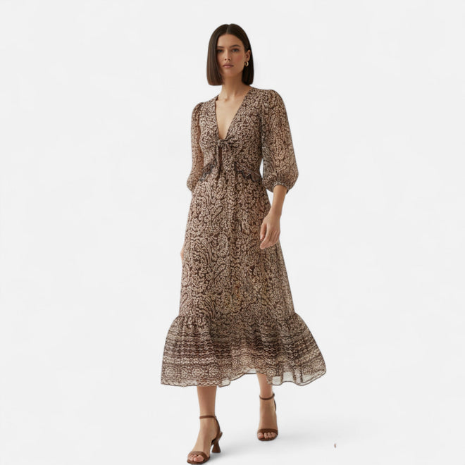 Vestido Midi Estampado Feminino – Elegância de Outono com Decote em V