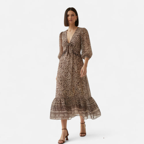 Vestido Midi Estampado Feminino – Elegância de Outono com Decote em V