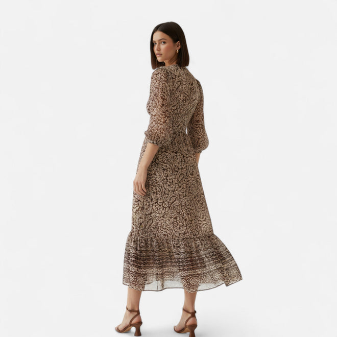 Vestido Midi Estampado Feminino – Elegância de Outono com Decote em V