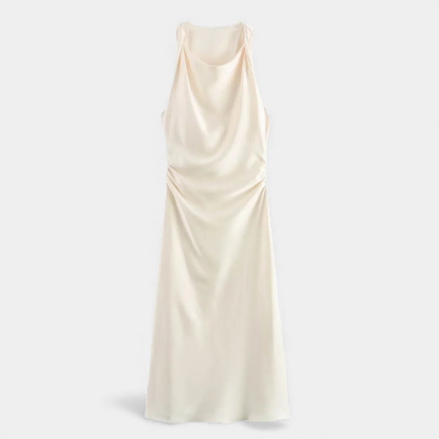 Vestido Midi de Cetim Elegante para Mulheres Bege