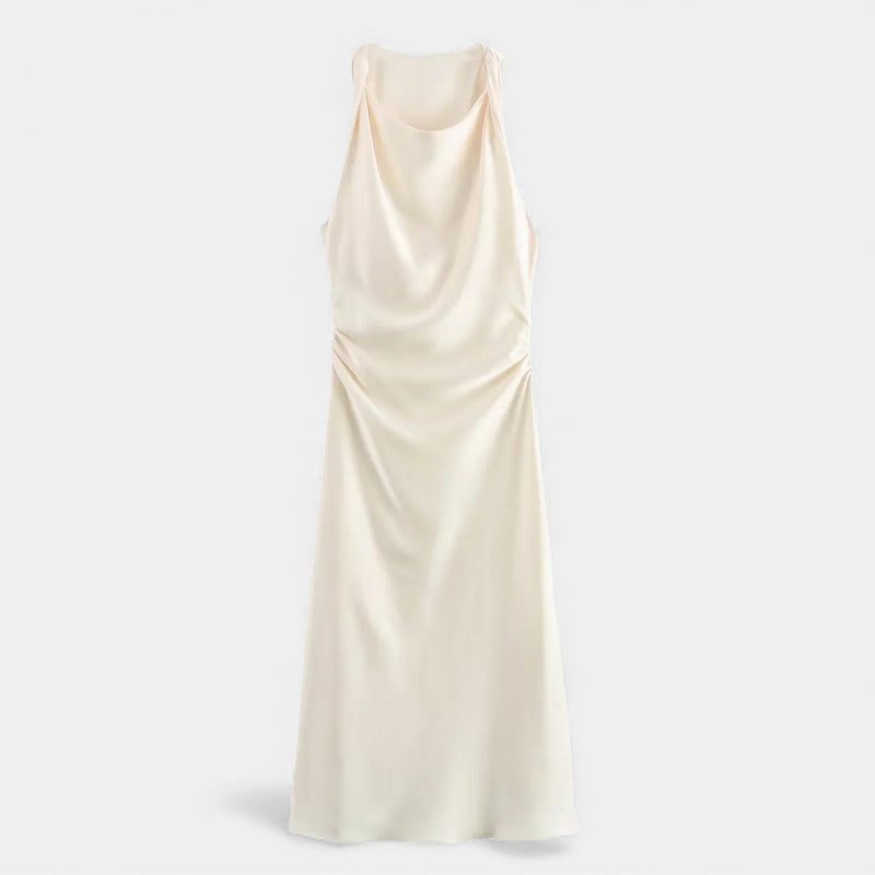 Vestido Midi de Cetim Elegante para Mulheres Bege