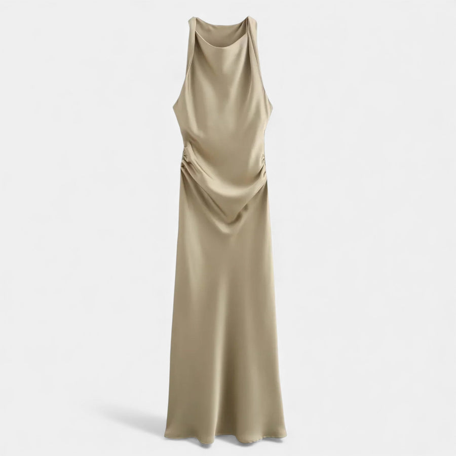Vestido Midi de Cetim Elegante para Mulheres Caqui