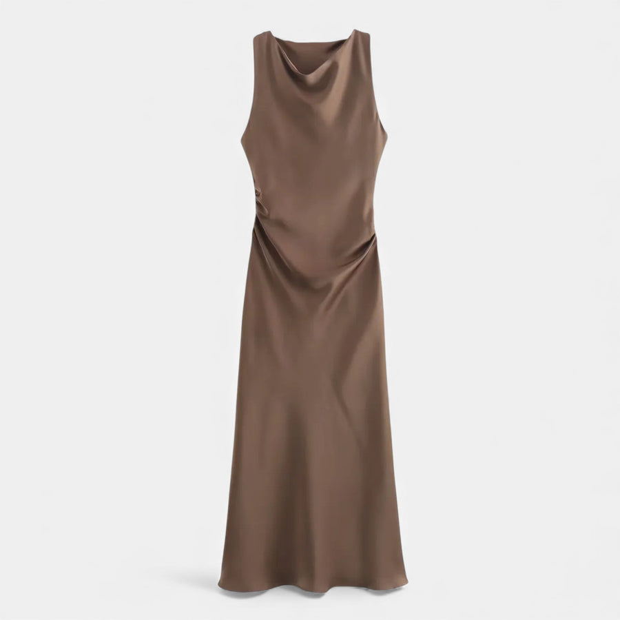 Vestido Midi de Cetim Elegante para Mulheres Marrom