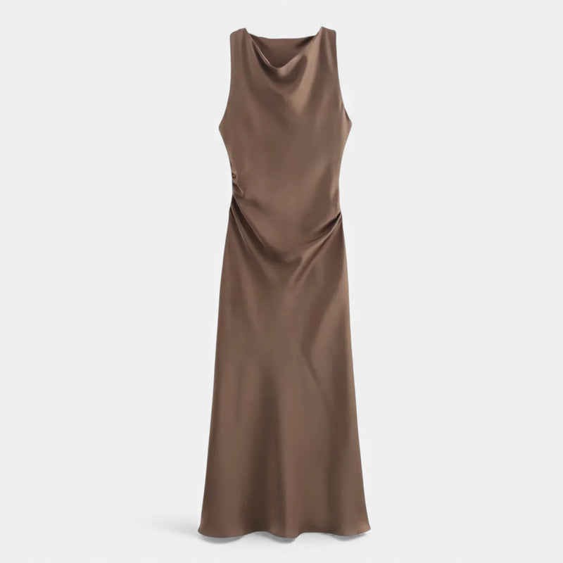 Vestido Midi de Cetim Elegante para Mulheres Marrom