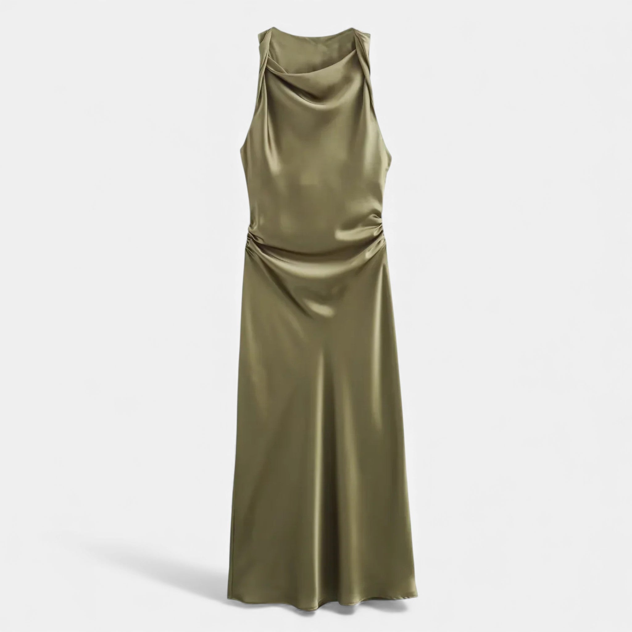 Vestido Midi de Cetim Elegante para Mulheres Verde Oliva