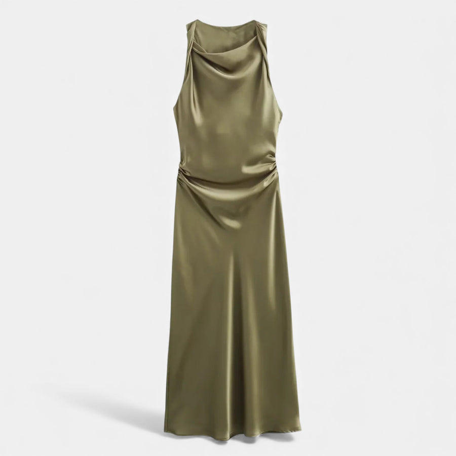 Vestido Midi de Cetim Elegante para Mulheres Verde Oliva