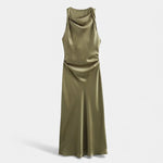 Vestido Midi de Cetim Elegante para Mulheres Verde Oliva