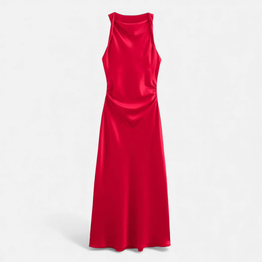 Vestido Midi de Cetim Elegante para Mulheres Vermelho