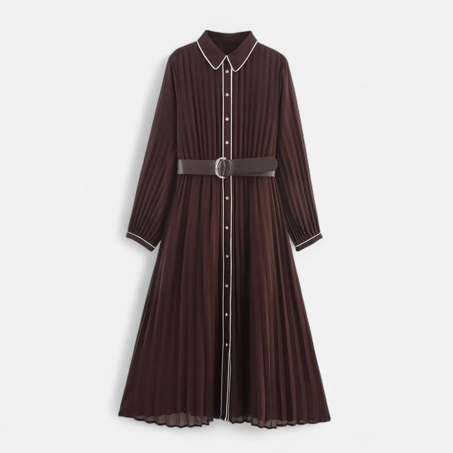 Vestido Midi de Chiffon para Mulheres – Elegância com Gola Reversa e Estilo Sofisticado Marrom