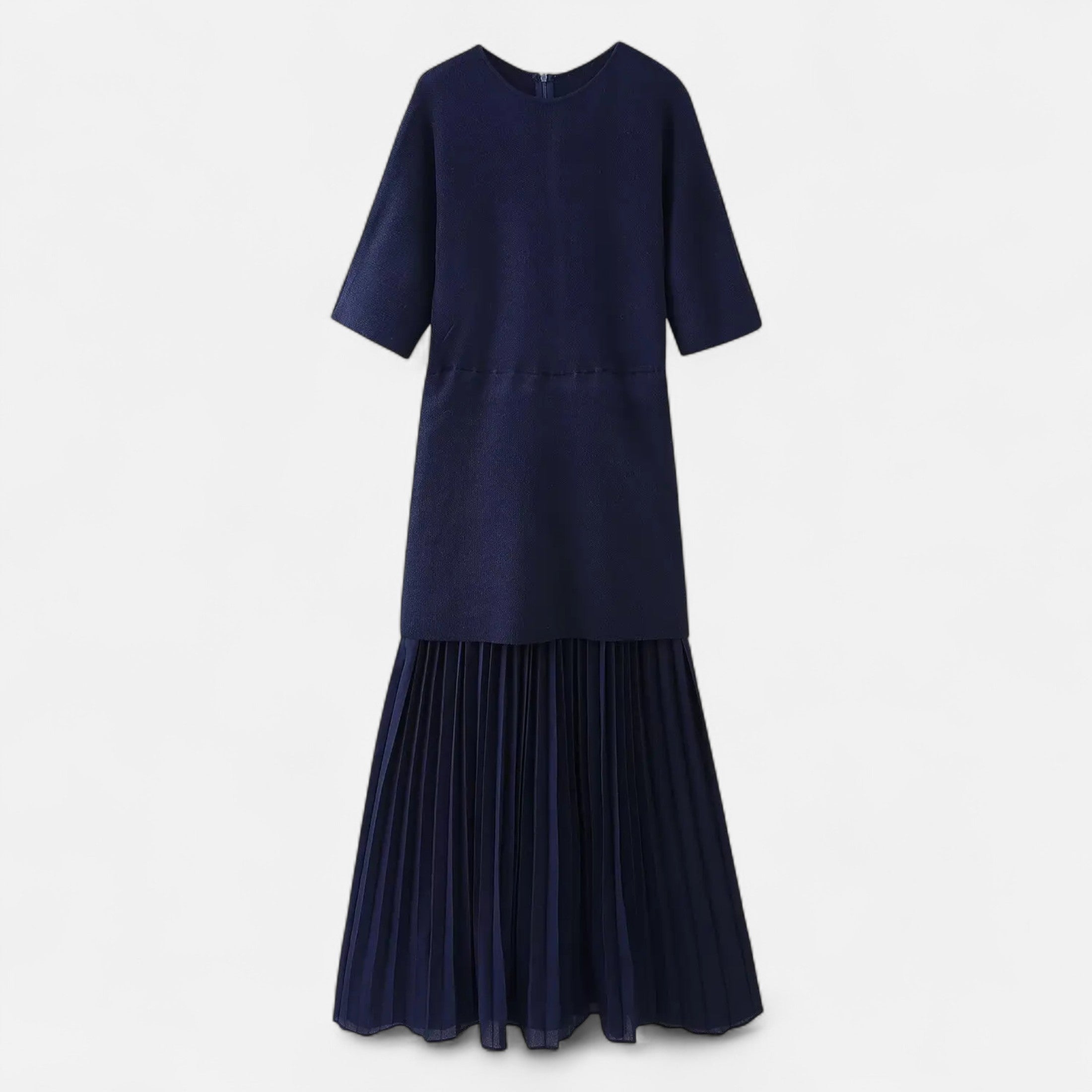 Vestido Vintage Plissado Feminino – Elegância de Outono com Mangas 3/4 Azul Marinho