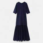 Vestido Vintage Plissado Feminino – Elegância de Outono com Mangas 3/4 Azul Marinho