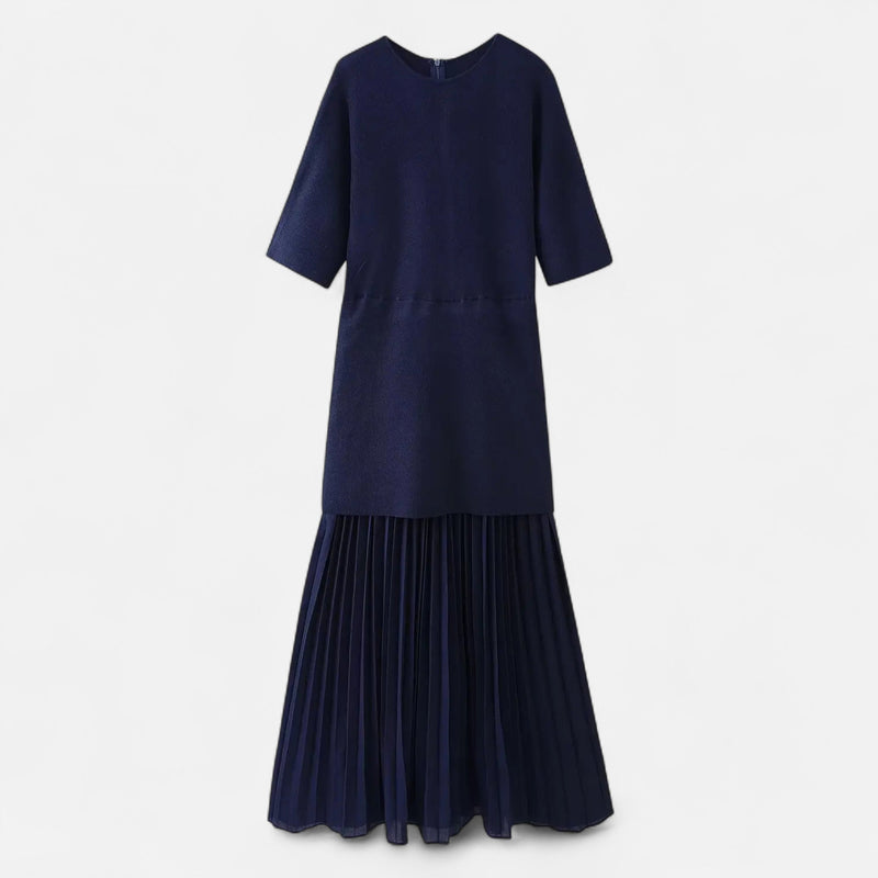 Vestido Vintage Plissado Feminino – Elegância de Outono com Mangas 3/4 Azul Marinho