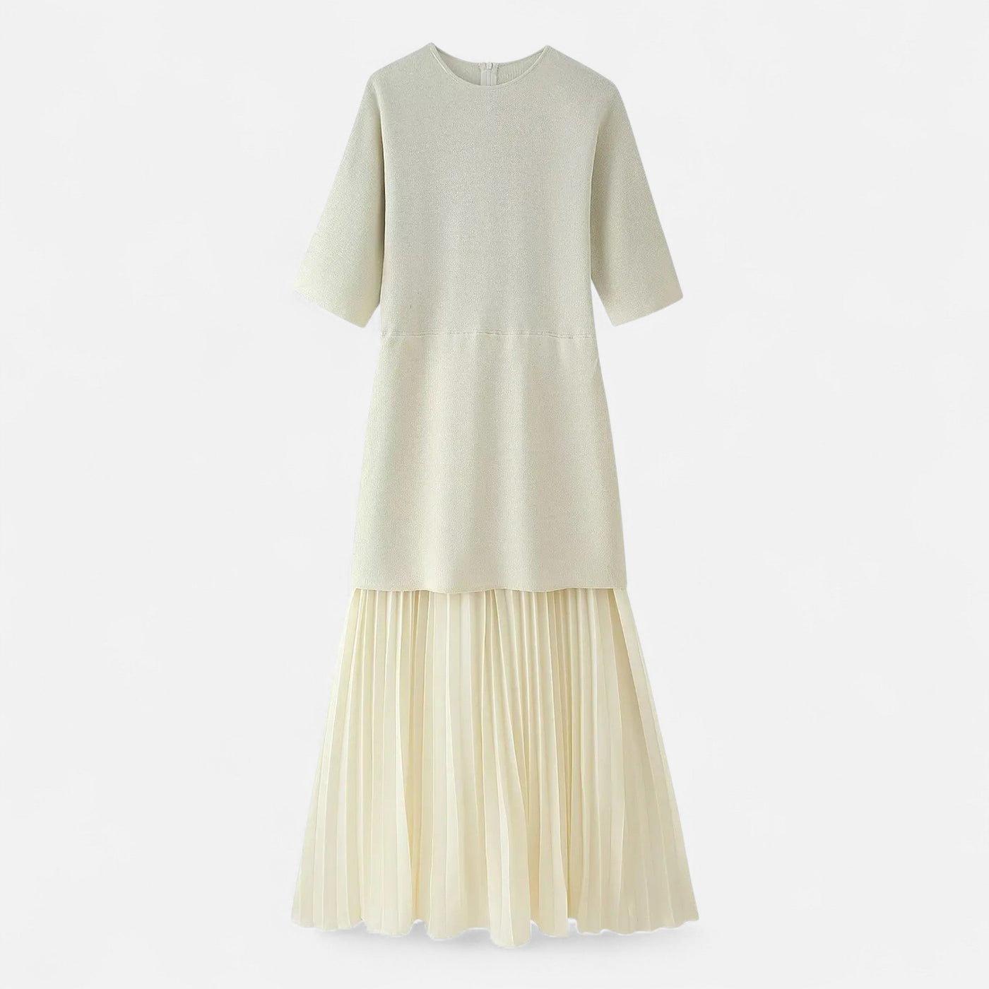Vestido Vintage Plissado Feminino – Elegância de Outono com Mangas 3/4 Bege