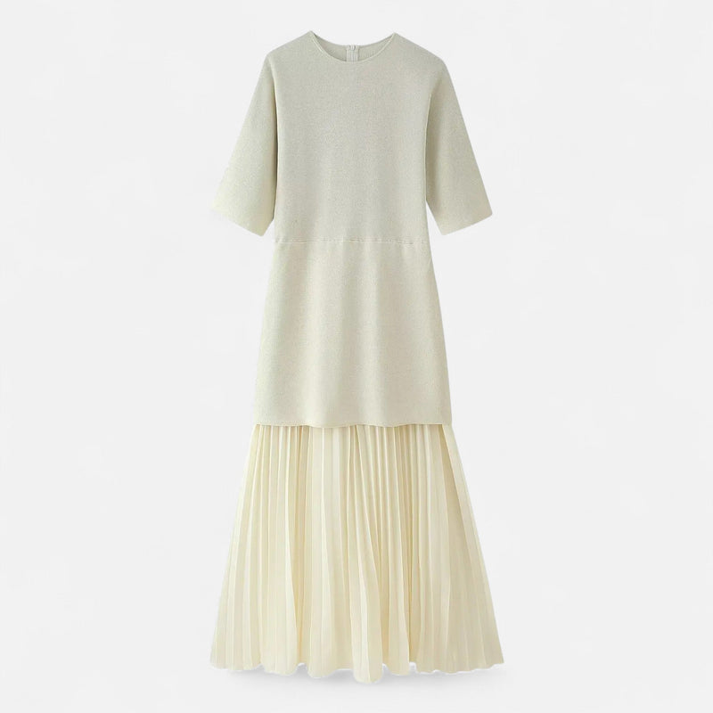 Vestido Vintage Plissado Feminino – Elegância de Outono com Mangas 3/4 Bege