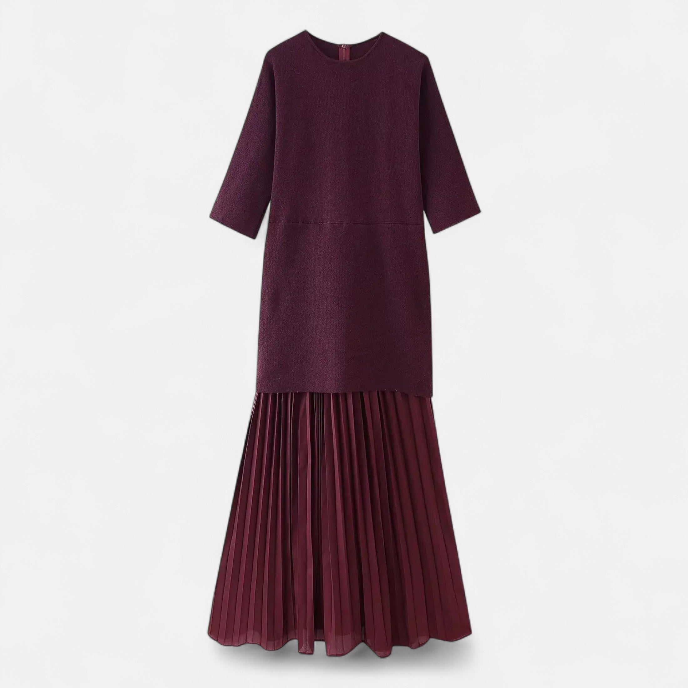 Vestido Vintage Plissado Feminino – Elegância de Outono com Mangas 3/4 Bordô
