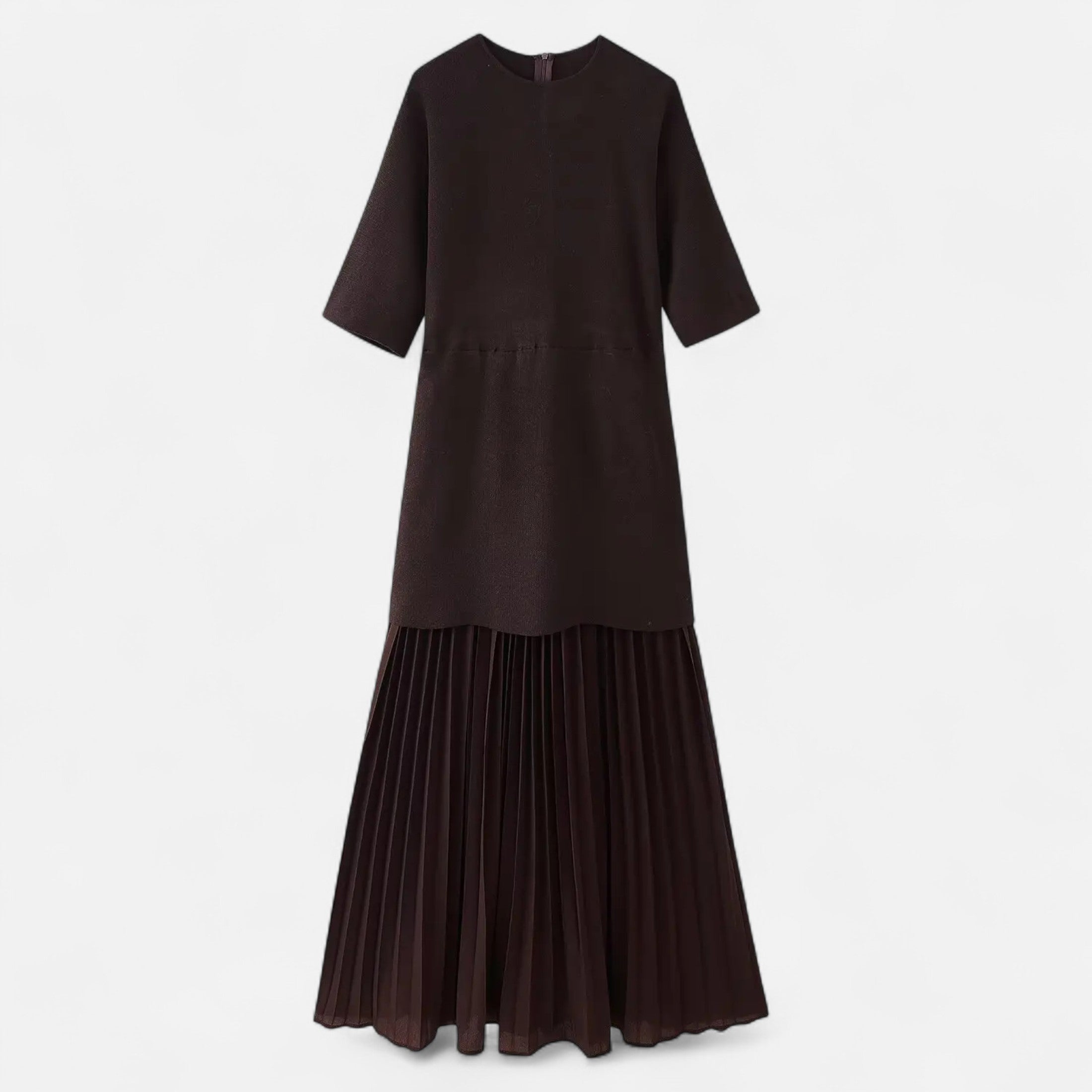 Vestido Vintage Plissado Feminino – Elegância de Outono com Mangas 3/4 Marrom