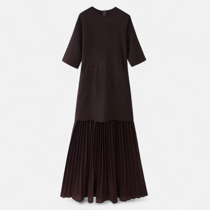 Vestido Vintage Plissado Feminino – Elegância de Outono com Mangas 3/4 Marrom
