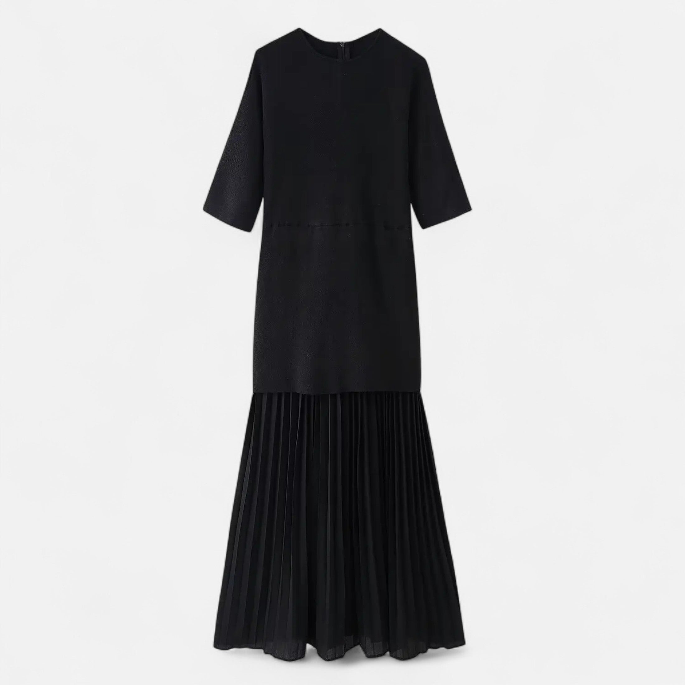Vestido Vintage Plissado Feminino – Elegância de Outono com Mangas 3/4 Preto