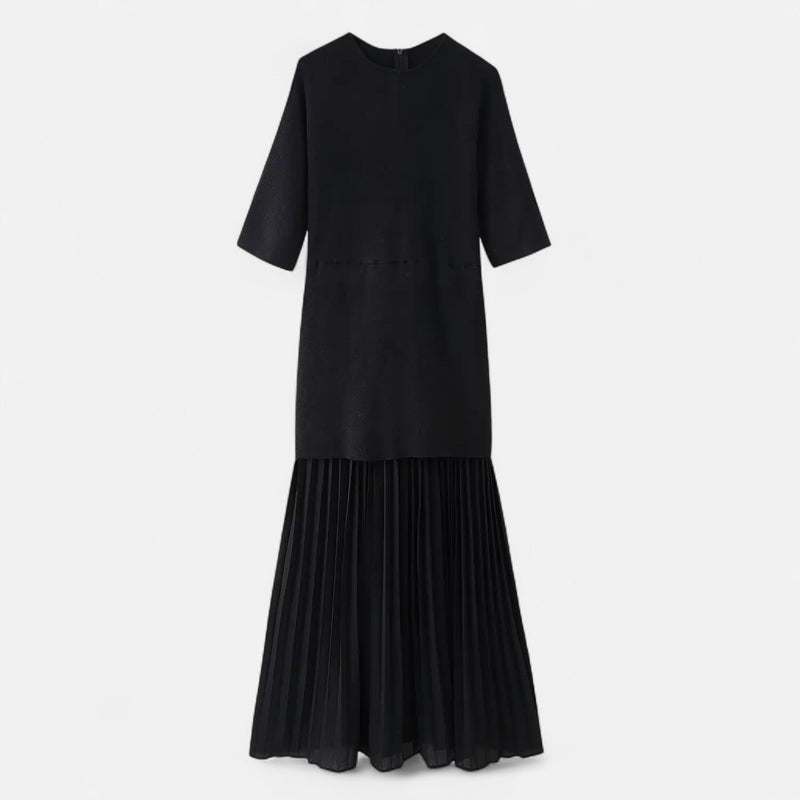 Vestido Vintage Plissado Feminino – Elegância de Outono com Mangas 3/4 Preto