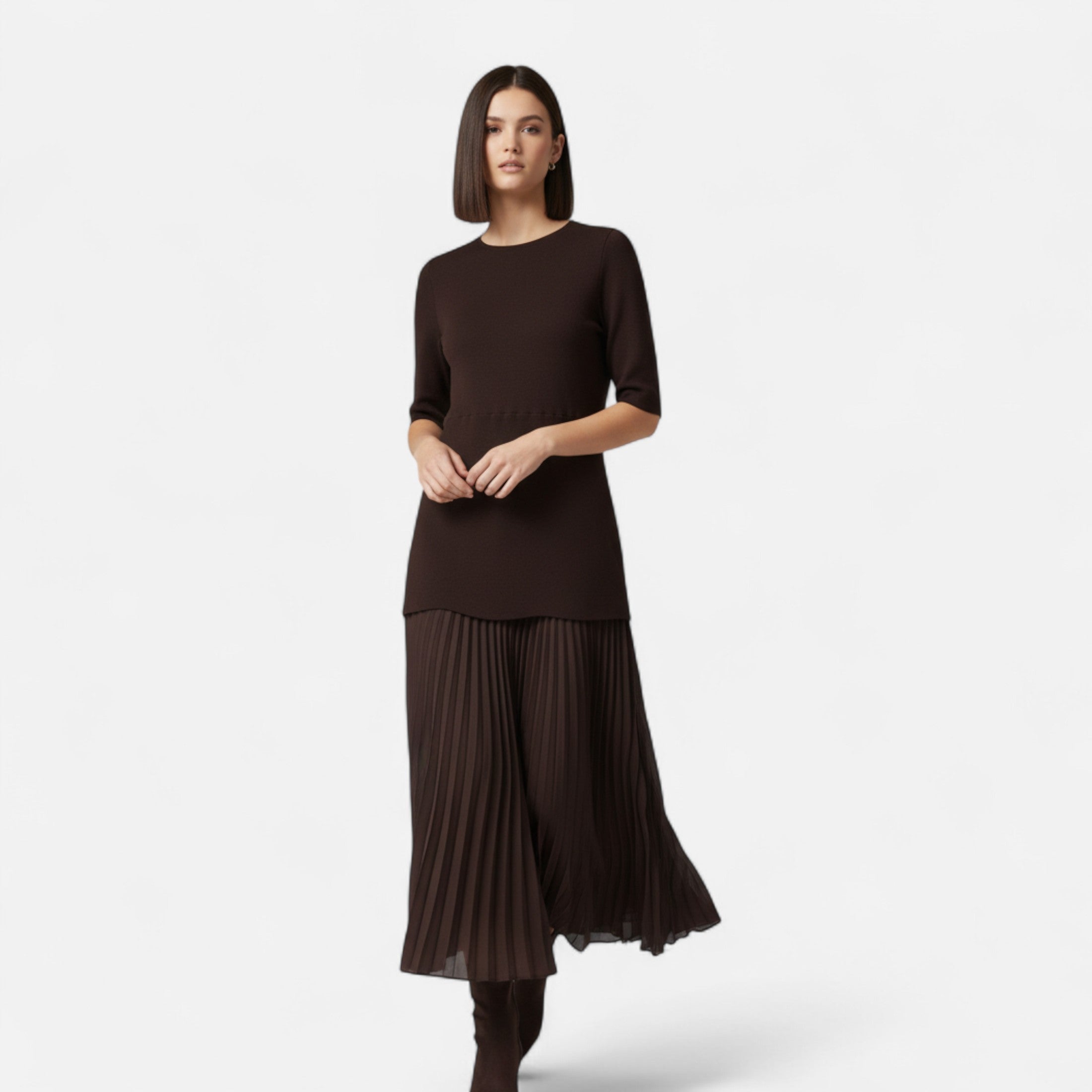 Vestido Vintage Plissado Feminino – Elegância de Outono com Mangas 3/4