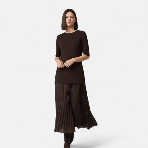 Vestido Vintage Plissado Feminino – Elegância de Outono com Mangas 3/4