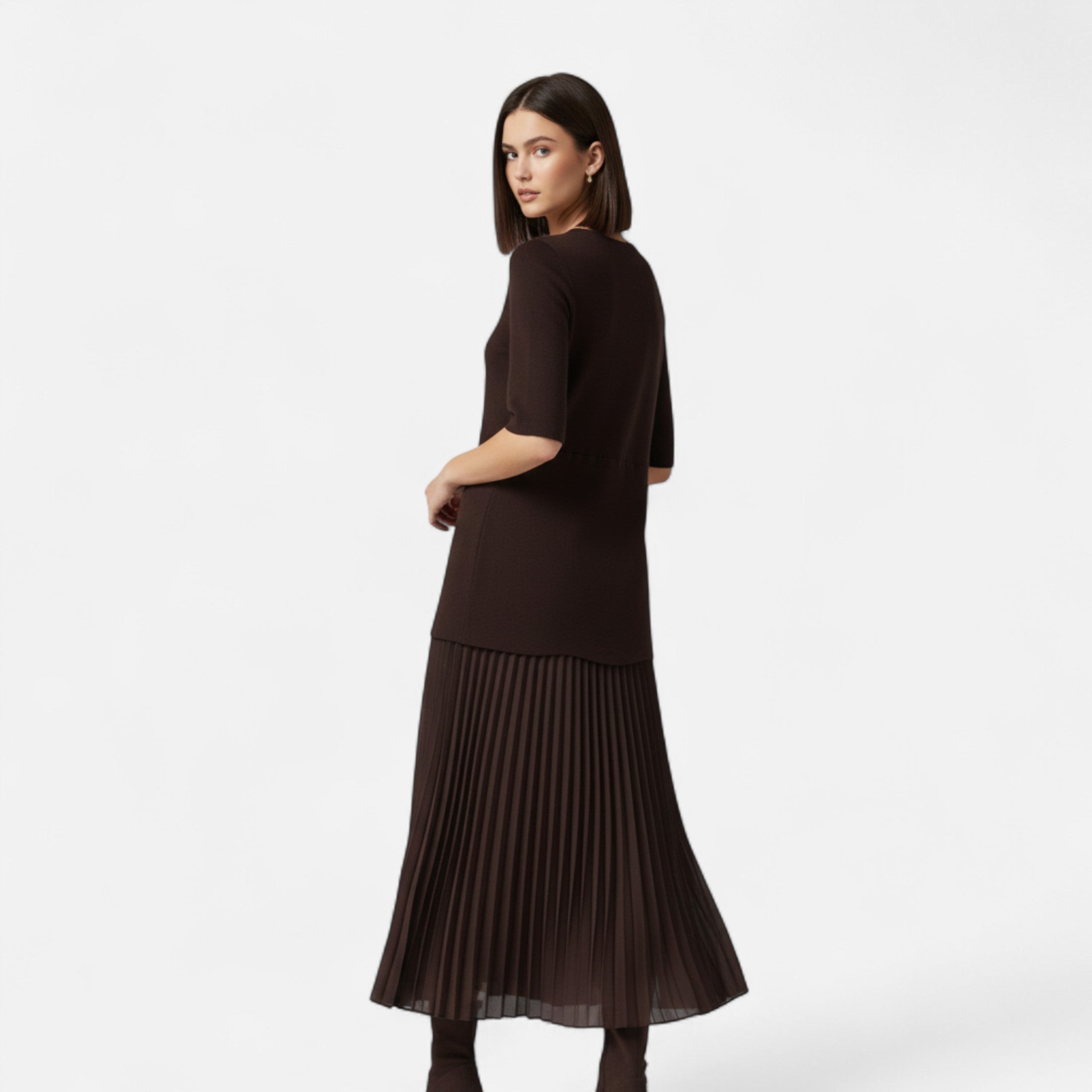 Vestido Vintage Plissado Feminino – Elegância de Outono com Mangas 3/4