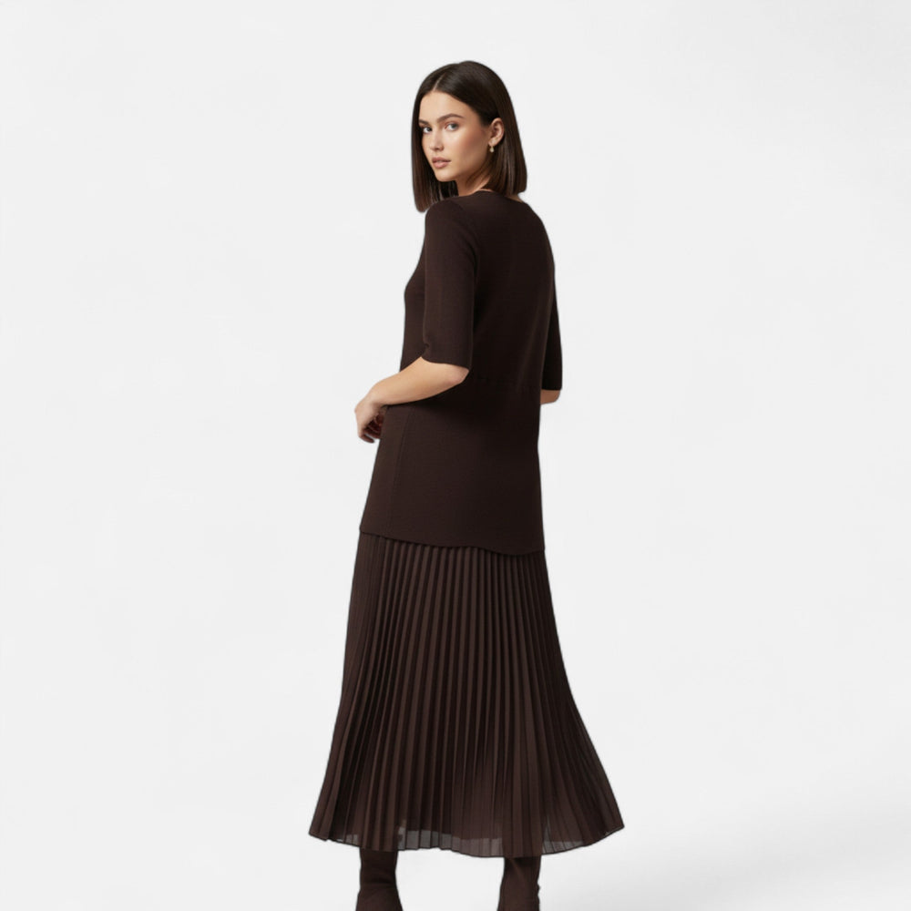 Vestido Vintage Plissado Feminino – Elegância de Outono com Mangas 3/4