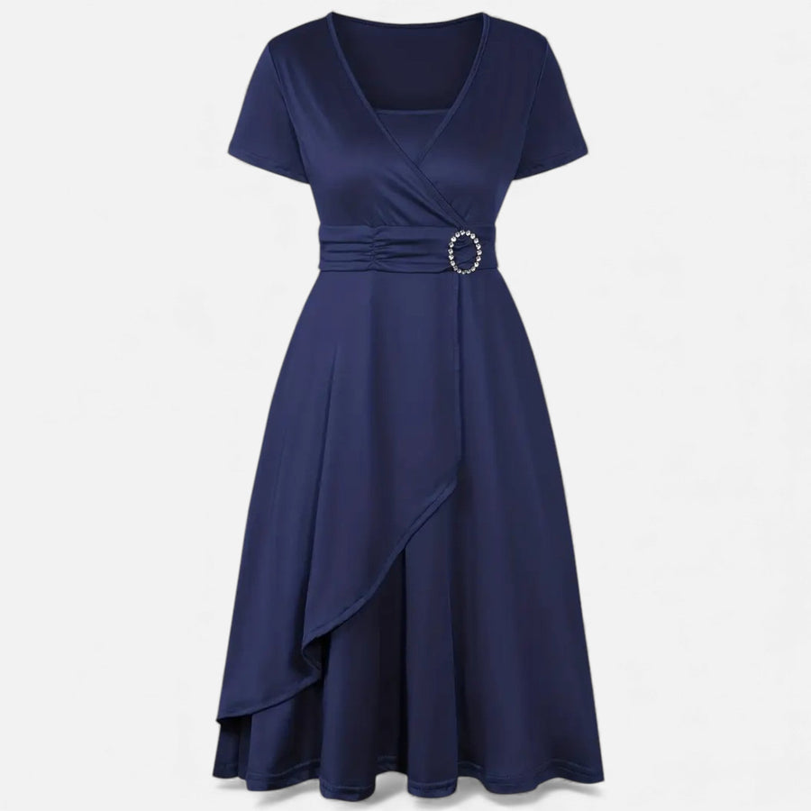 Vestido de Festa Assimétrico com Decote em V e Strass para Mulheres Azul Marinho