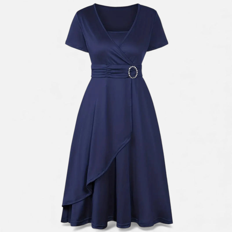 Vestido de Festa Assimétrico com Decote em V e Strass para Mulheres Azul Marinho