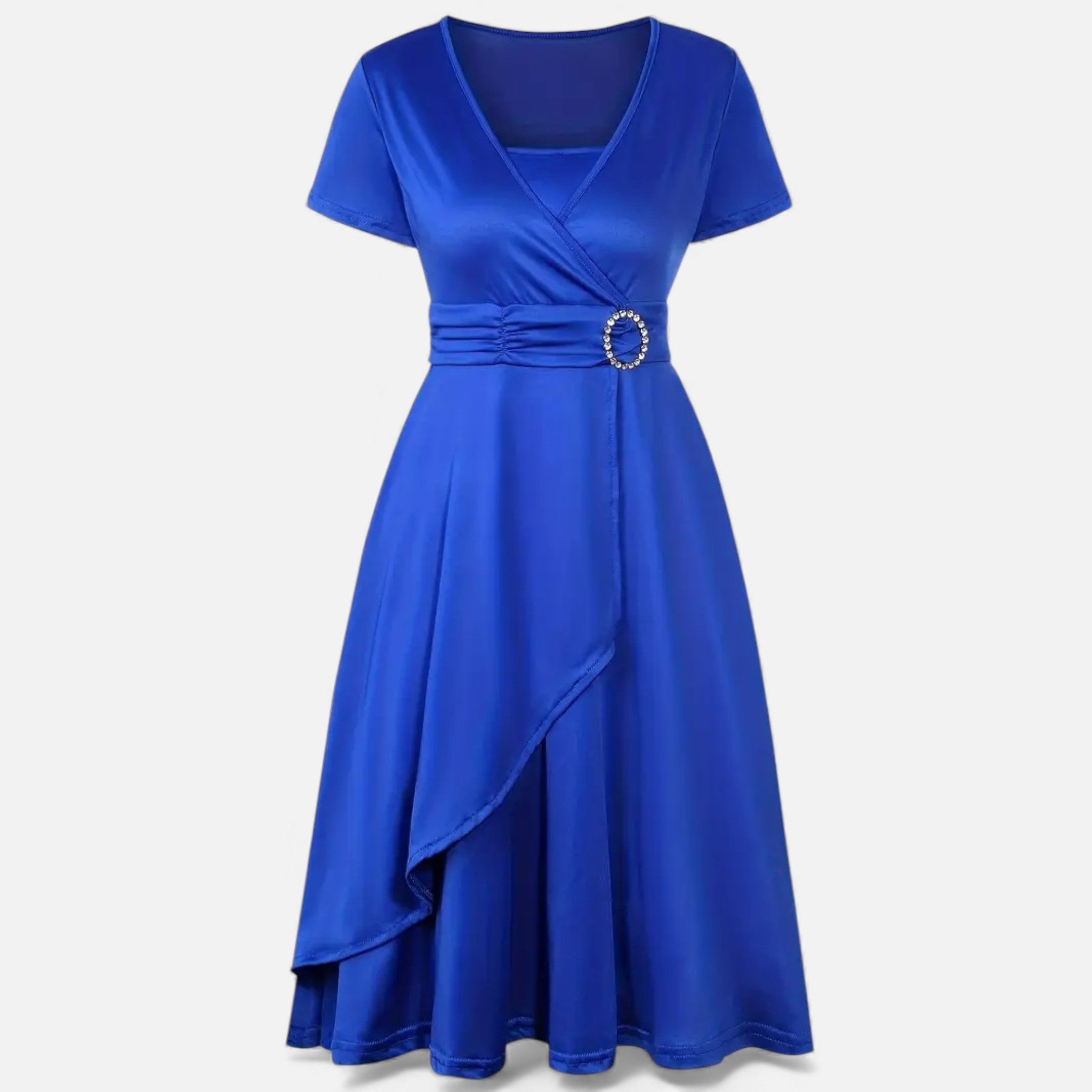 Vestido de Festa Assimétrico com Decote em V e Strass para Mulheres Azul