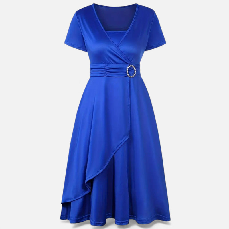 Vestido de Festa Assimétrico com Decote em V e Strass para Mulheres Azul