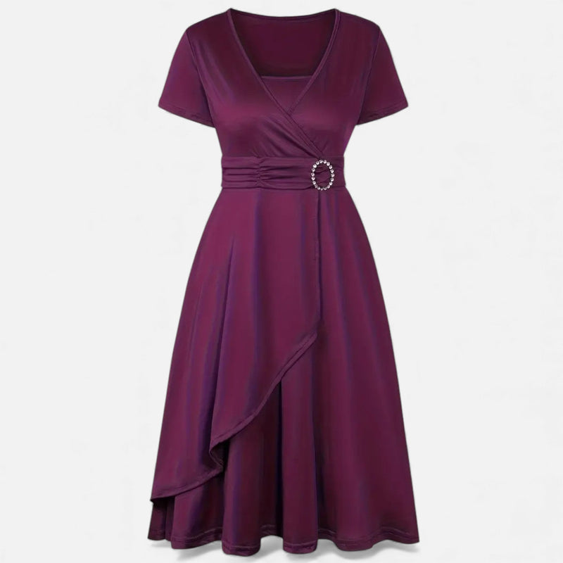 Vestido de Festa Assimétrico com Decote em V e Strass para Mulheres Fúcsia