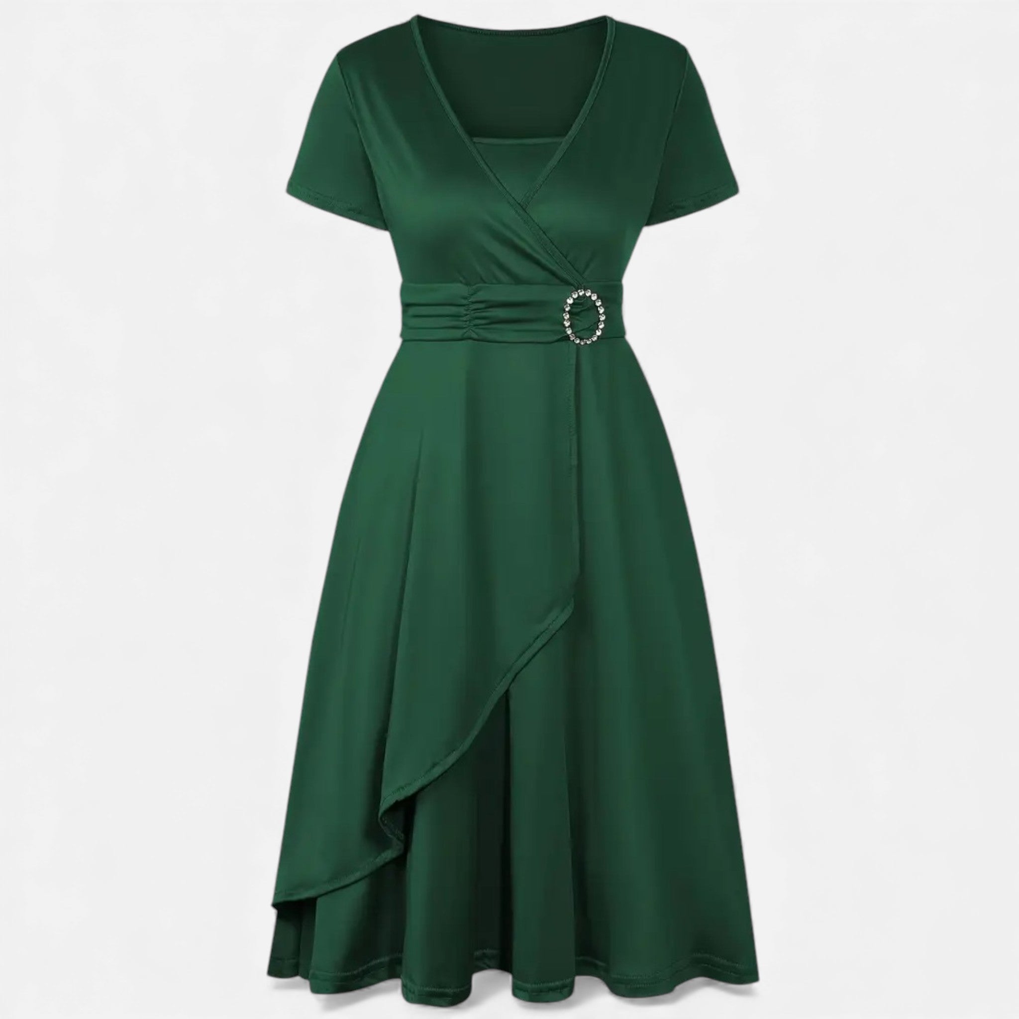 Vestido de Festa Assimétrico com Decote em V e Strass para Mulheres Verde Escuro