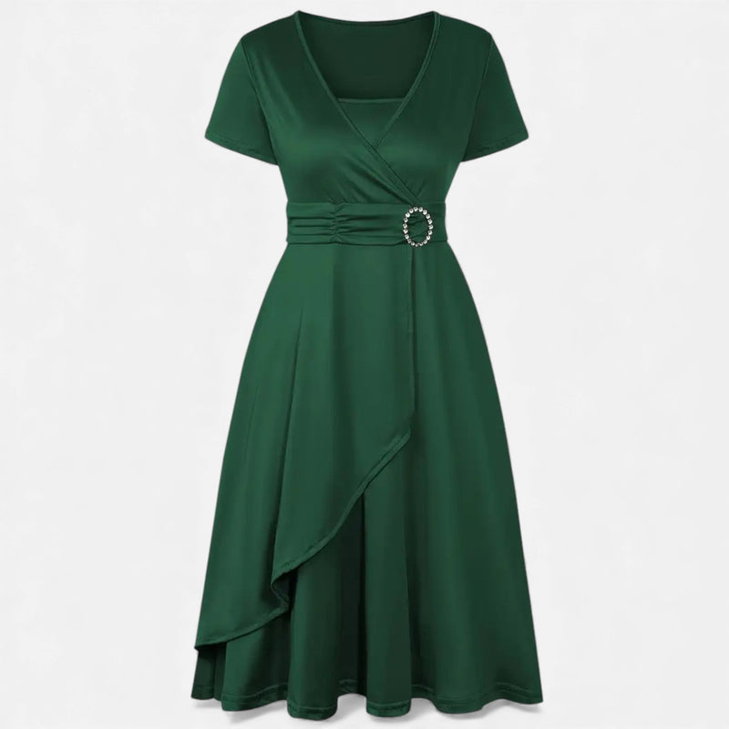 Vestido de Festa Assimétrico com Decote em V e Strass para Mulheres Verde Escuro
