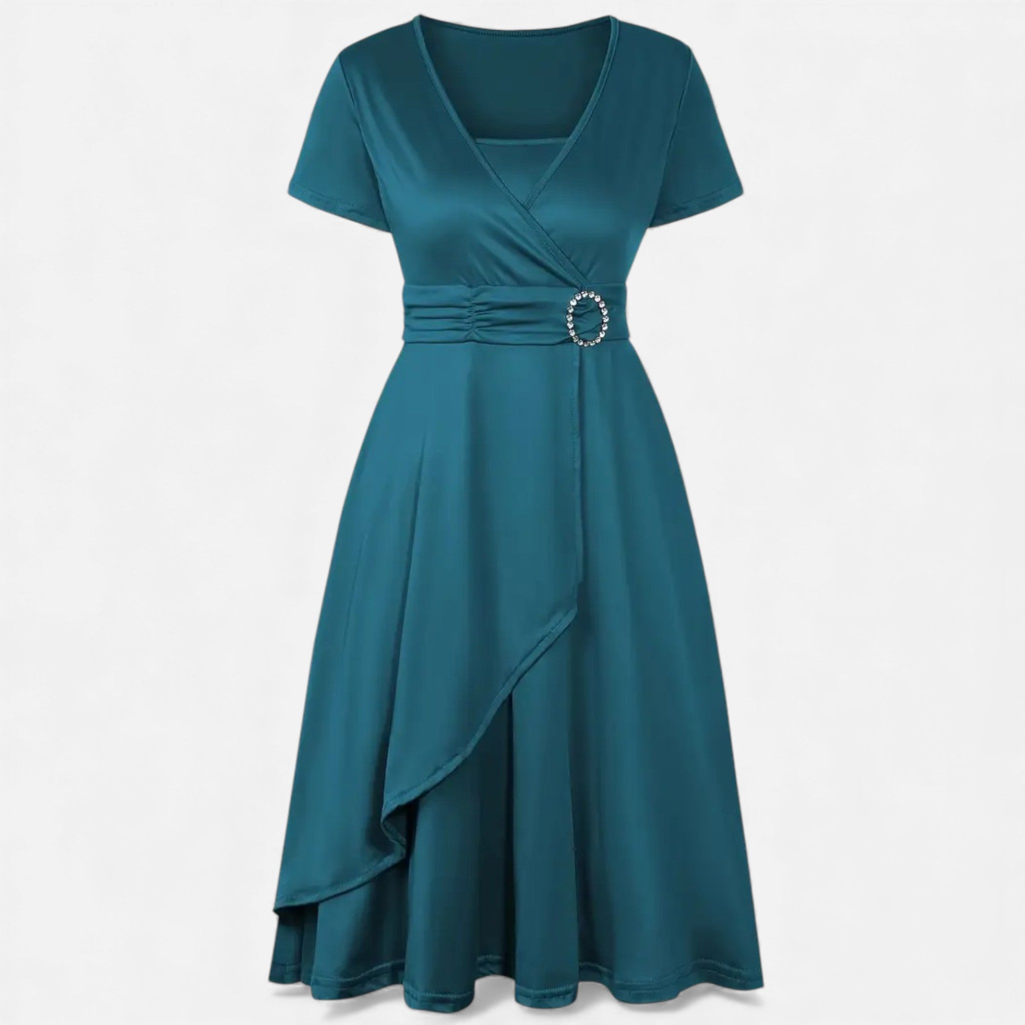 Vestido de Festa Assimétrico com Decote em V e Strass para Mulheres Verde-água