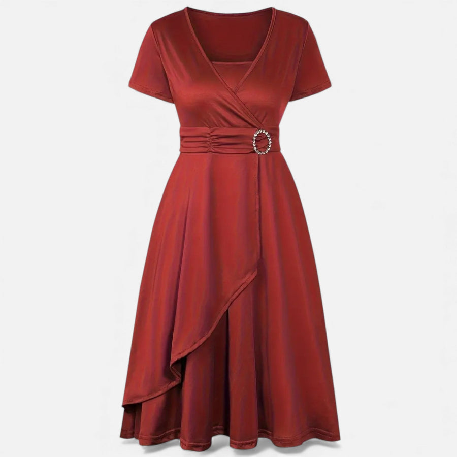 Vestido de Festa Assimétrico com Decote em V e Strass para Mulheres Vermelho