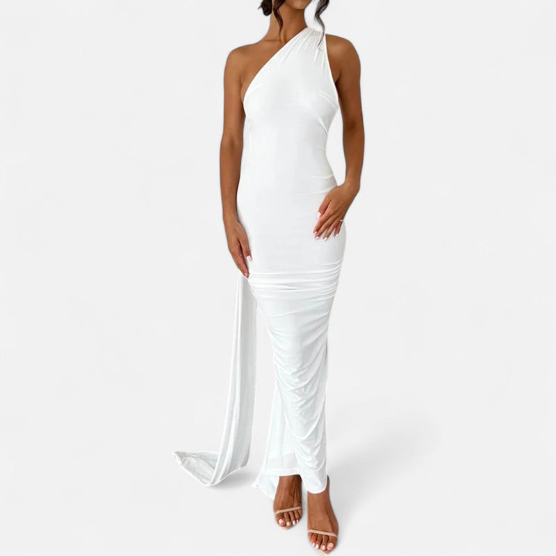 Vestido de Festa com Decote Costas Nuas e Laço - Elegância e Sofisticação Branco