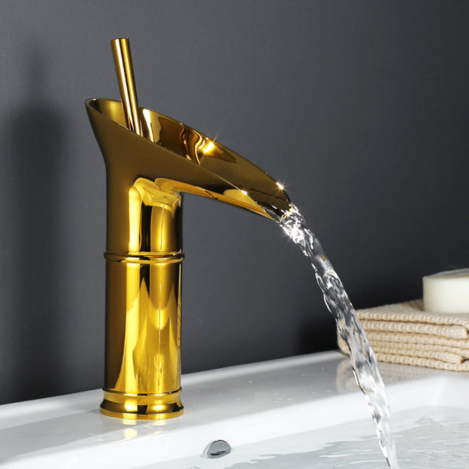 Torneira de Cascata em Latão Antigo - Misturador de Pia de Banheiro com Design de Alça Única