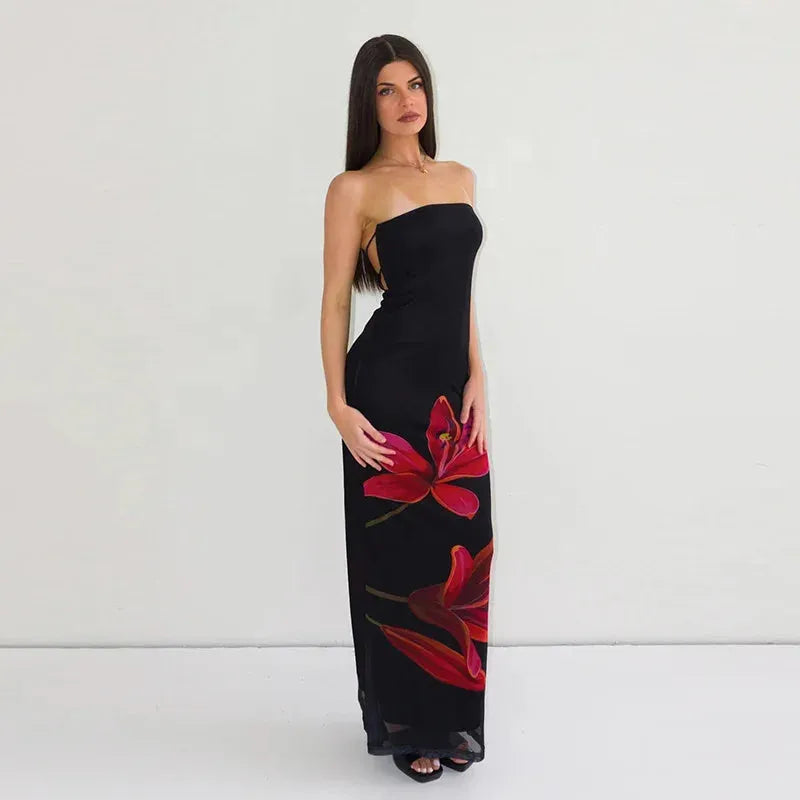 Vestido Longo Feminino Floral Ombro a Ombro com Amarração