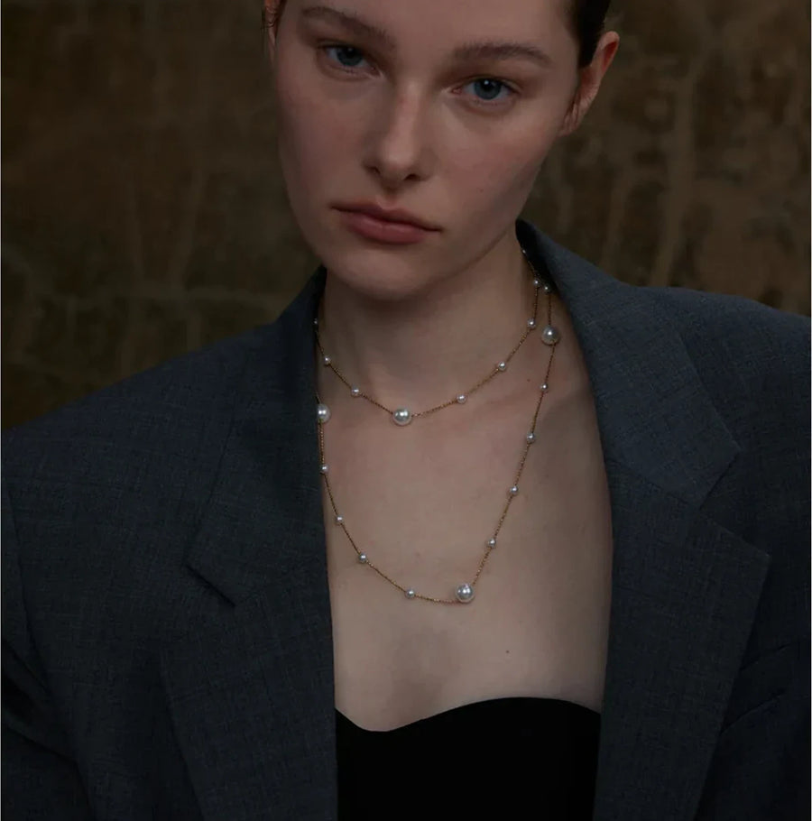 Yhpup 90+5 cm Elegant Simulated Pearl Beads Long Daily Sweater Chain Necklace 18K Golden Waterproof Chic Stainless Steel Jewelry