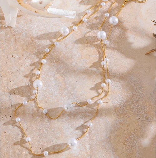 Yhpup 90+5 cm Elegant Simulated Pearl Beads Long Daily Sweater Chain Necklace 18K Golden Waterproof Chic Stainless Steel Jewelry