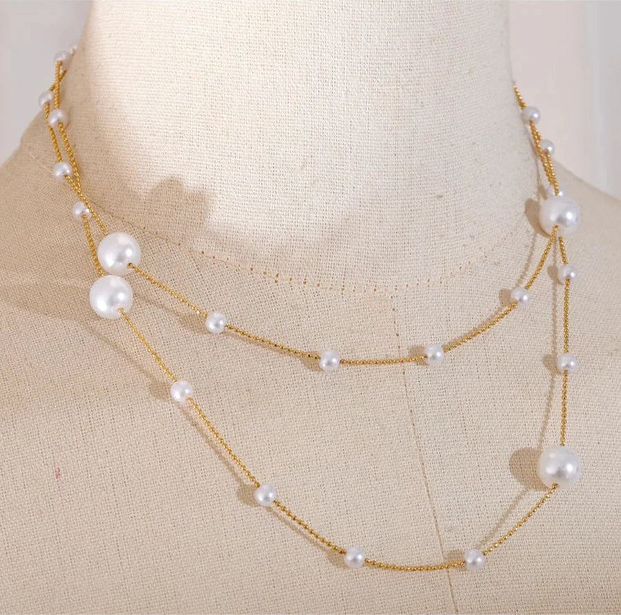 Yhpup 90+5 cm Elegant Simulated Pearl Beads Long Daily Sweater Chain Necklace 18K Golden Waterproof Chic Stainless Steel Jewelry