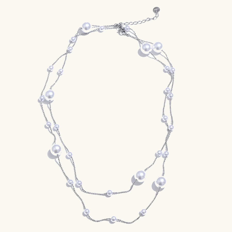 Yhpup 90+5 cm Elegant Simulated Pearl Beads Long Daily Sweater Chain Necklace 18K Golden Waterproof Chic Stainless Steel Jewelry YH4414A Platinum