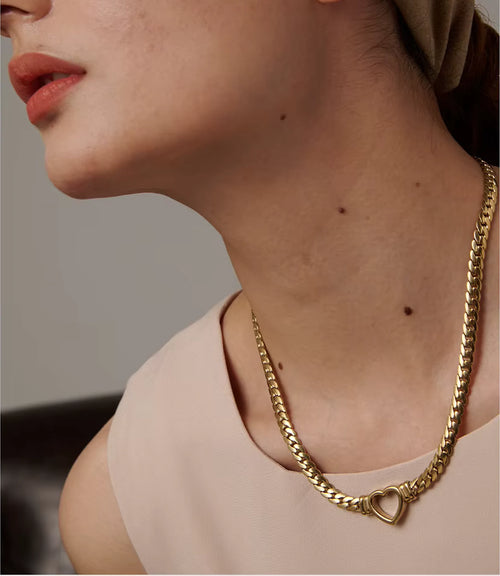 Yhpup Heart Chain Necklace Stainless Steel for Women Fashion Metal Texture Flat Collar Waterproof Necklace Girlfriend Gift