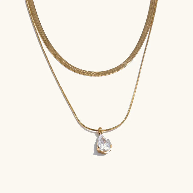 Colar Duplo Gota com Zircônia Dourado